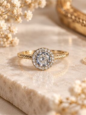 Gold Tone Round Halo Crystal Engagement Cocktail Adjustable Ring